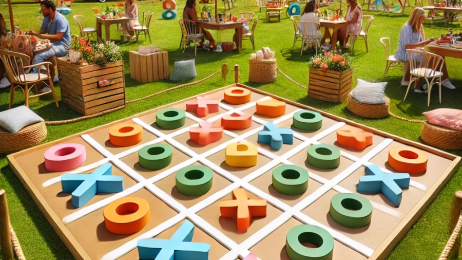 AI Games Images·E 2024-11-15 14.56.03 - An engaging outdoor scene featuring a Giant Noughts and Crosses (Tic-Tac-Toe) game. The setup includes a large grid laid out on a grassy lawn, marked